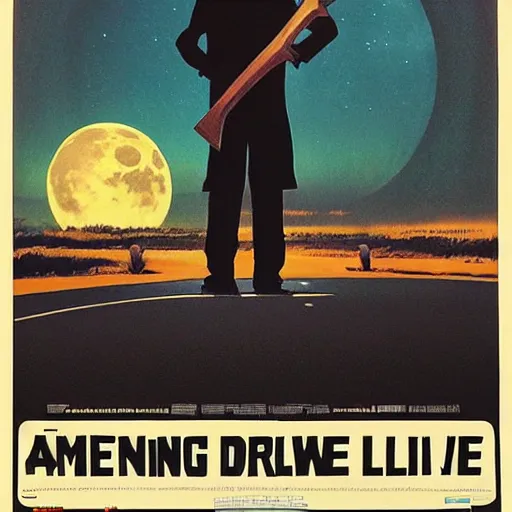 Prompt: movie poster of menacing figure with a cleaver standing in the middle of a road, night, large moon in the sky, by drew struzan