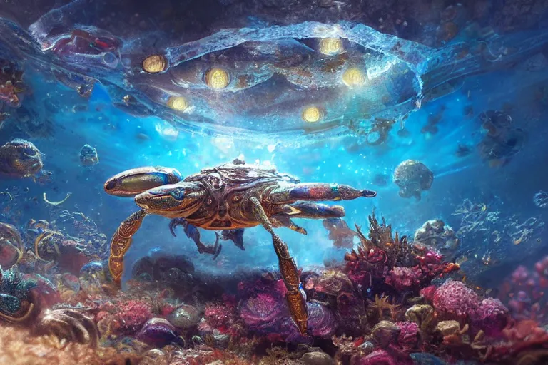 Prompt: beautiful painting of a caretta caretta wearing an armour of jewels and giant golden beetles in ocean coral reef, water bubbles, intricate details, realistic shaded , steampunk, highly detailed, artstation, illustration by Greg Rutkowski and Ruan Jia , octane render, dynamic light, volumetric light, neon lights, cinematic mood