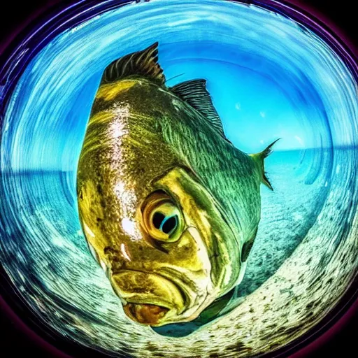 Prompt: a fisheye photo of a fish eye