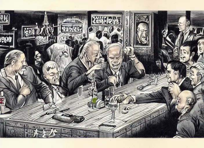 Image similar to joe biden arm wrestling in a bar in china illustration by mike ploog