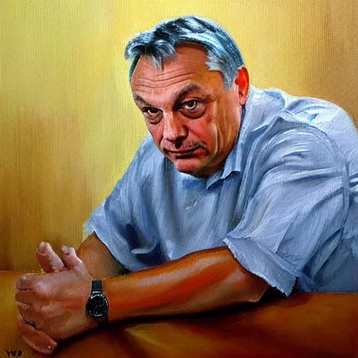 Prompt: viktor orban in his kitchen, oil painting