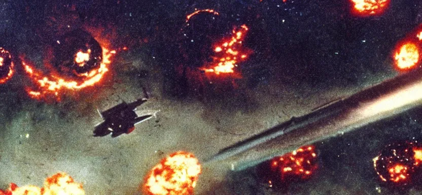 Image similar to a film still of an epic ww 2 space battle, explosions, directed by roger corman, wide angle, rule of thirds, colorful, 4 k, hd, hyperrealistic, 7 0 mm