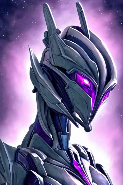 Image similar to cinematic bust shot, detailed elegant beautiful stunning giant robot mecha hot female goddess dragon, sharp spines, sharp metal ears, smooth purple eyes, smooth fuschia skin, elegant smooth silver armor, nebula size, space, epic proportions, epic scale, warframe fanart, macro giantess, furry art, dragon art, goddess art, giantess art, furaffinity, octane