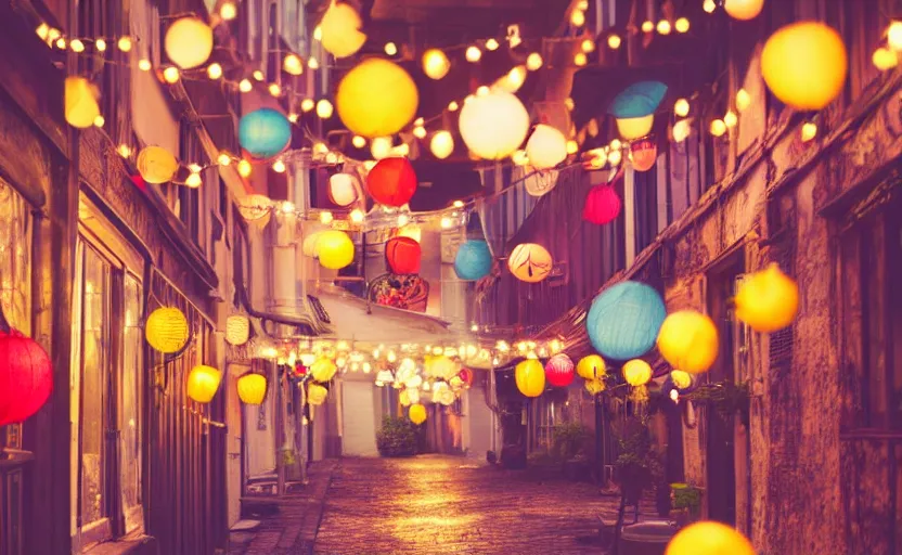 Image similar to mini cafe diorama macro photography, alleyway, ambient, colorful paper lanterns, string lights, romantic