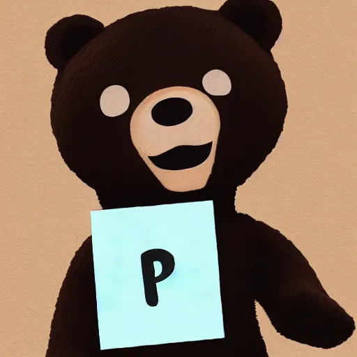 Image similar to a bear holding a'please'sign, in the style of pixar