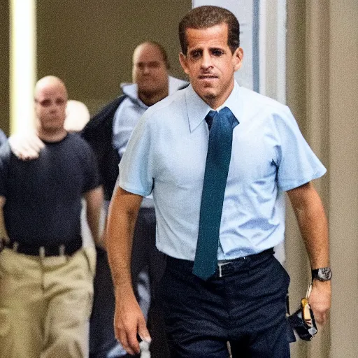 Prompt: hunter biden going to jail with his pockets full of drugs and a shirt that says 1 0 % for the big guy