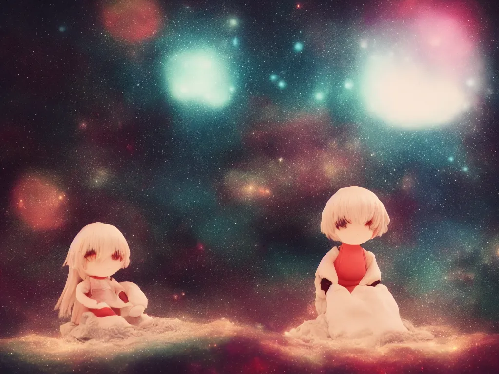 Image similar to cute fumo plush girl sitting on a small island floating in the dark galactic abyss, vignette, bokeh, vray