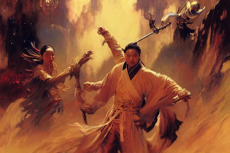 Image similar to wuxia, space, painting by gaston bussiere, craig mullins, j. c. leyendecker