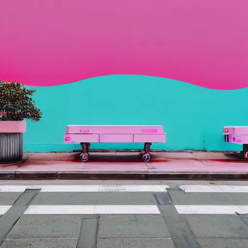 Prompt: retrofuturistic street scene with a row of large polished concrete platforms leading from near to far, focus on pink and blue colours, steam from ground