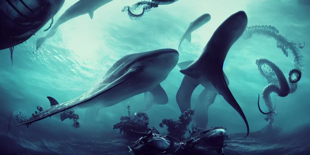 Prompt: deep black ocean view of whale, shark, octopus and squid, and nautilus, and fearsome fish, octane render, cinema 4 d, cinematic lighting, golden ratio, underwater photography, realistic, wildlife documentary, by greg rutkowski