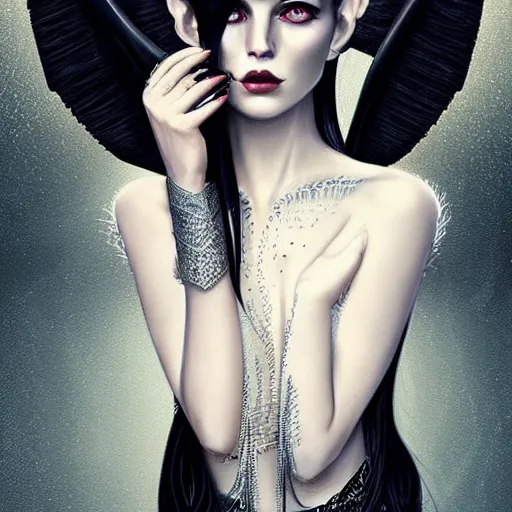 Prompt: portrait of a beautiful woman with horns, piercing blue eyes, long wavy black hair, long black dress with silver jewels, black bat wings on back, by tom bagshaw