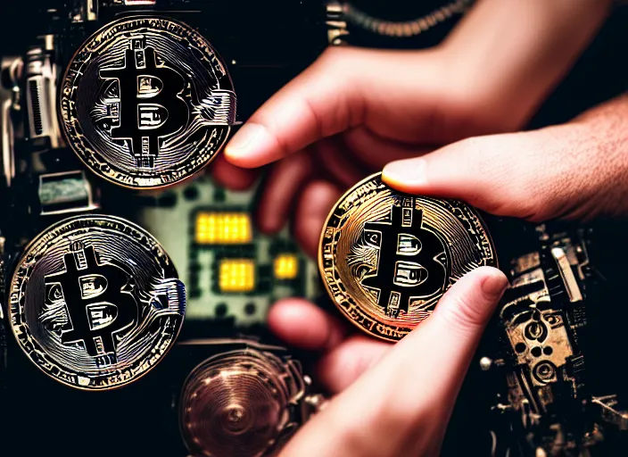 Image similar to mechanical cyberpunk hand holding a bitcoin between two fingers. centered. horror cyberpunk. highly detailed 8 k. intricate. nikon d 8 5 0 3 5 mm. award winning photography.