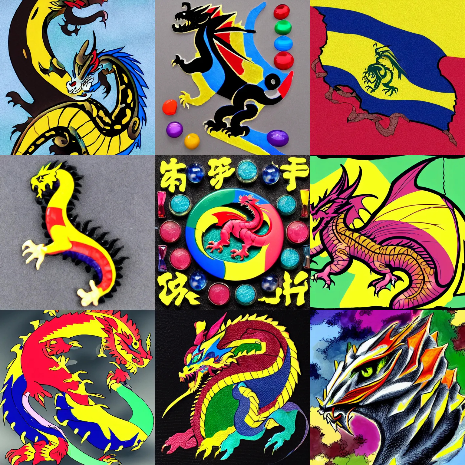 Prompt: Western dragon coloured like the Ukrainian flag sitting on a pile of multicoloured gemstones while petting a black and white cat.