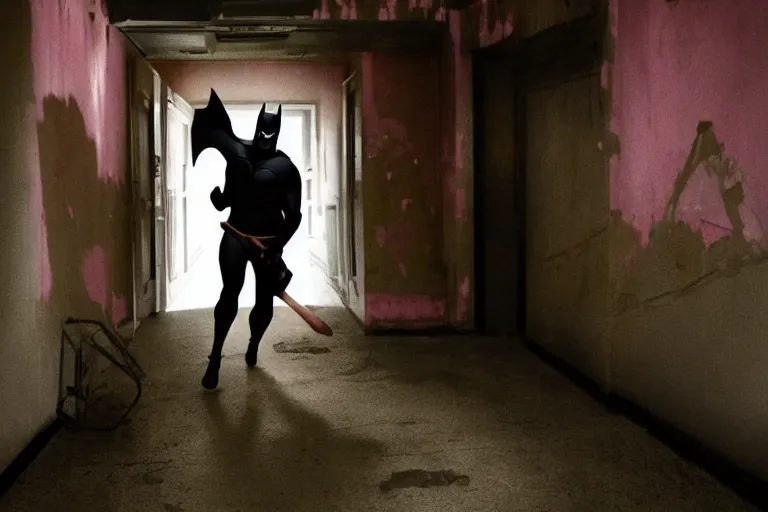 Prompt: batman wearing pink apron wielding an axe, chasing through old brown decrepit hallway, creepy smile, atmospheric eerie lighting, dim lighting, bodycam footage, photograph