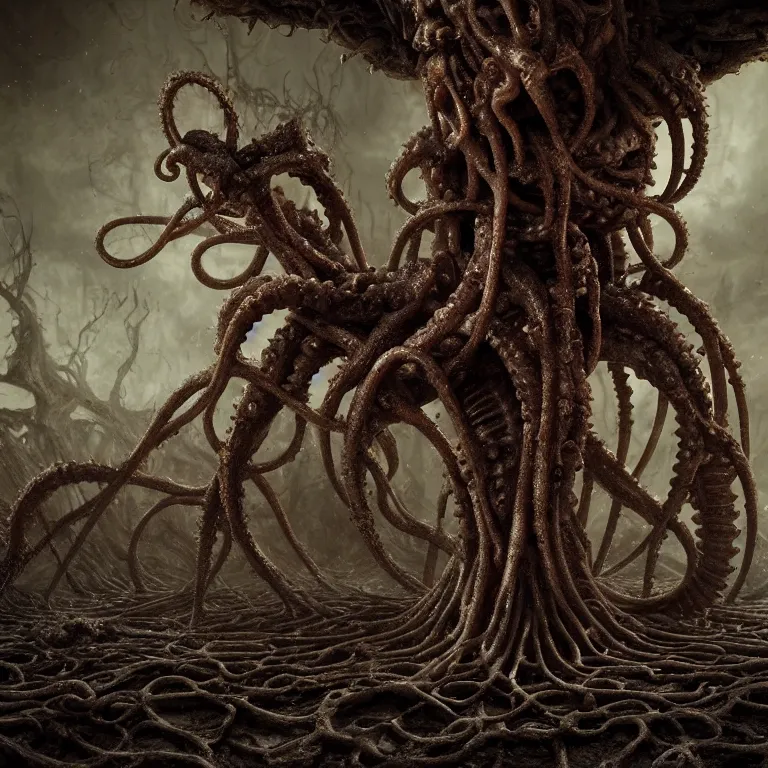 Prompt: ribbed abandoned alien, covered with tentacles, spines, roots and organic rotten flesh meat, baroque painting, standing in a desolate empty wasteland, creepy, nightmare, dream-like heavy atmosphere, surreal abandoned buildings, beautiful detailed intricate insanely detailed octane render trending on Artstation, 8K artistic photography, photorealistic, chiaroscuro, Raphael, Caravaggio, Beksinski, Giger