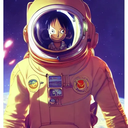 Image similar to luffy in a astronaut suit and luffy, intricate, luffy, highly detailed, digital painting, artstation, concept art, smooth, sharp focus, illustration, luffy, unreal engine 5, 8 k, art by artgerm and greg rutkowski and alphonse mucha