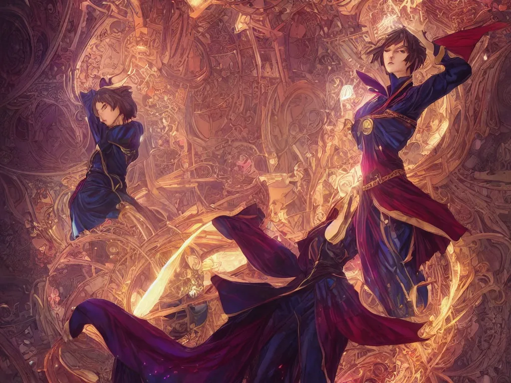 Image similar to anime key visual of one beautiful female doctor strange, marvel comics, spells, magic, intricate, inside magical temple stunning, highly detailed, digital painting, artstation, smooth, hard focus, illustration, art by artgerm and greg rutkowski and alphonse mucha