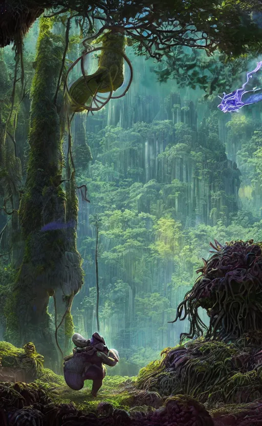 Prompt: microscopic tardigrade, microbiology, magical forest, ruins, civilization, vegetation, mayan, futuristic, sharp focus, electric, backlight, furry, soft, concept art, intricate details, highly detailed, photorealistic, disney pixar, james gilleard, moebius, print, iridescent, global illumination, anime, game art