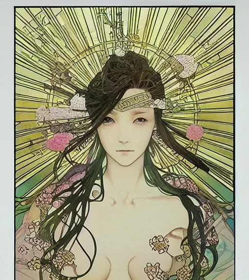 Image similar to yoshitaka amano painting of an anime woman, intricate line drawings, pen and ink, alphonse mucha, claire wendling, kentaro miura