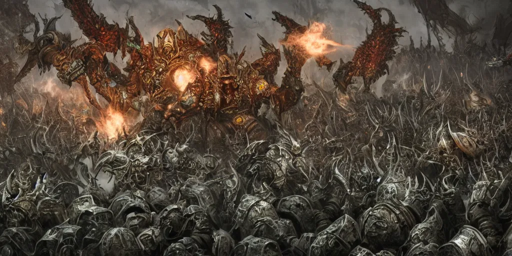 Prompt: an intricately detailed, ultra realistic, unreal engine 5, rendering, illustration of chaos champion, promotional illustration, nurgle battle, warhammer 4 0 k, concept art, pestilence army, warlord