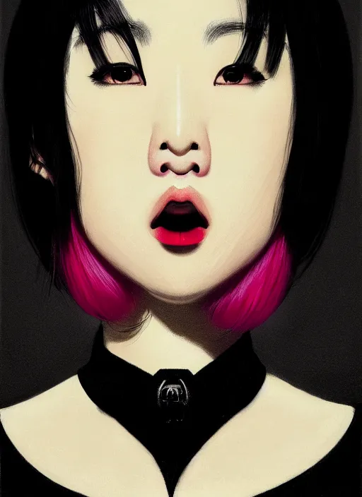 Image similar to portrait of a plump japanese woman with a crooked nose and a confident expression, 1 9 6 0 s, black clothes, goth, punk, brightly coloured hair, funk, intricate, elegant, highly detailed, digital painting, artstation, concept art, smooth, sharp focus, illustration, art by wlop, mars ravelo and greg rutkowski