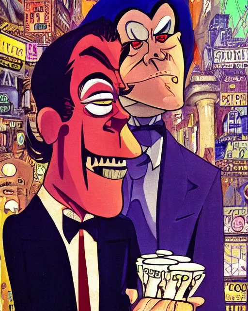 Image similar to portrait, center focus, sinister smug male antagonist in suit, uptown finance city street, artwork by ralph bakshi