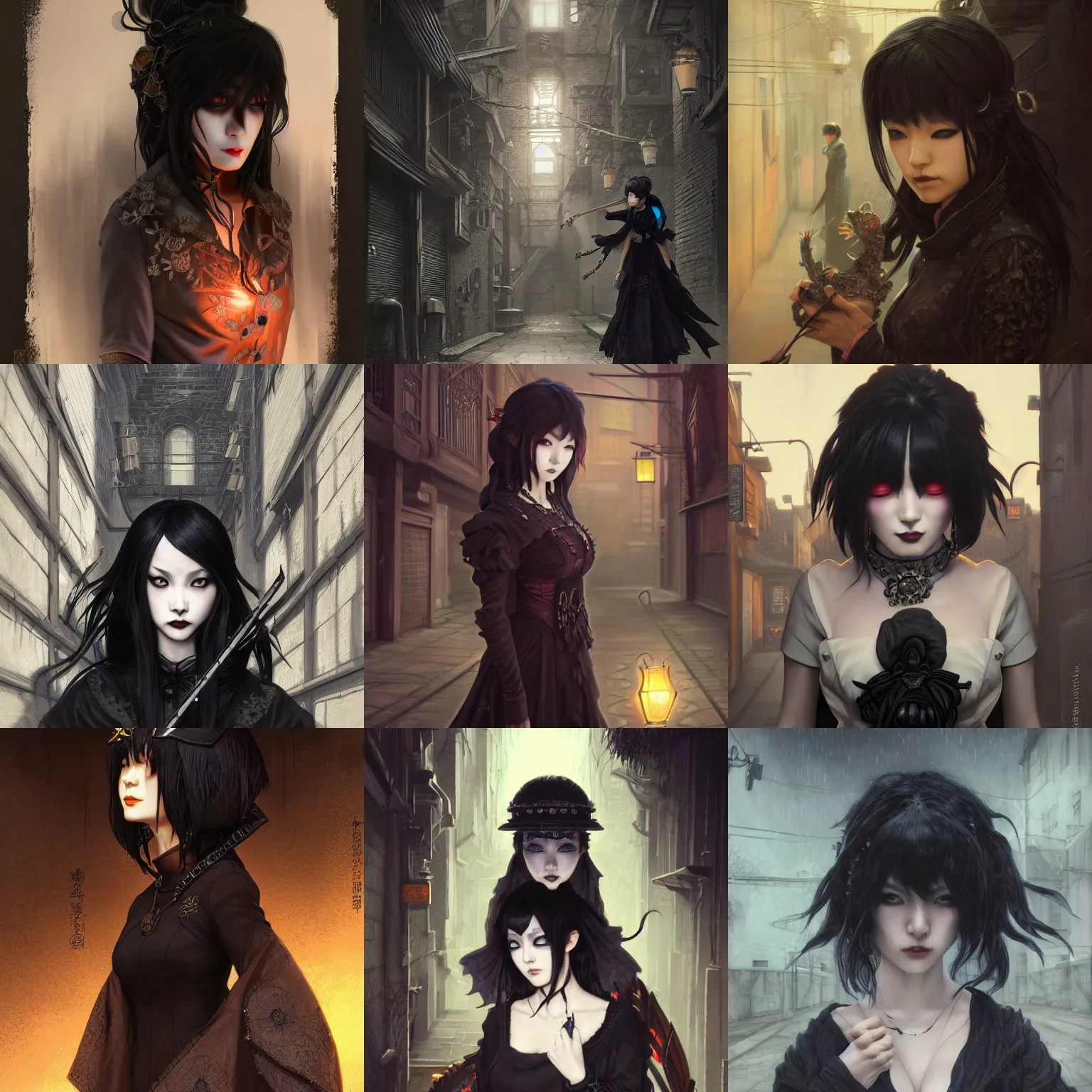 Prompt: goth japanese woman in a dark alley, Mark Edward Fischbach, intricate, highly detailed, digital painting, artstation, concept art, smooth, sharp focus, illustration, Unreal Engine 5, 8K, art by artgerm and greg rutkowski and alphonse mucha