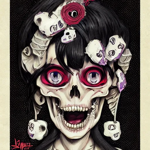 Prompt: anime manga skull portrait young woman skeleton, pixar, painterly, logo, graffiti, cuphead, highly detailed, digital art, art by jc leyendecker and sachin teng