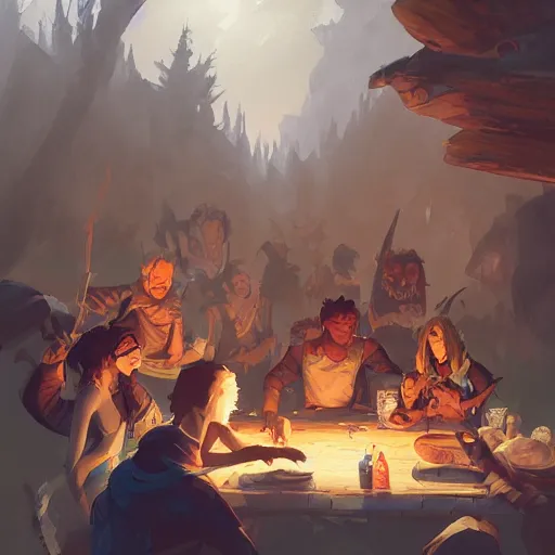 Prompt: A party of adventurers resting in camp at night, D&D, fantasy, digital painting, detailed, artstation, pixiv, Krenz Cushart, Greg Rutkowski