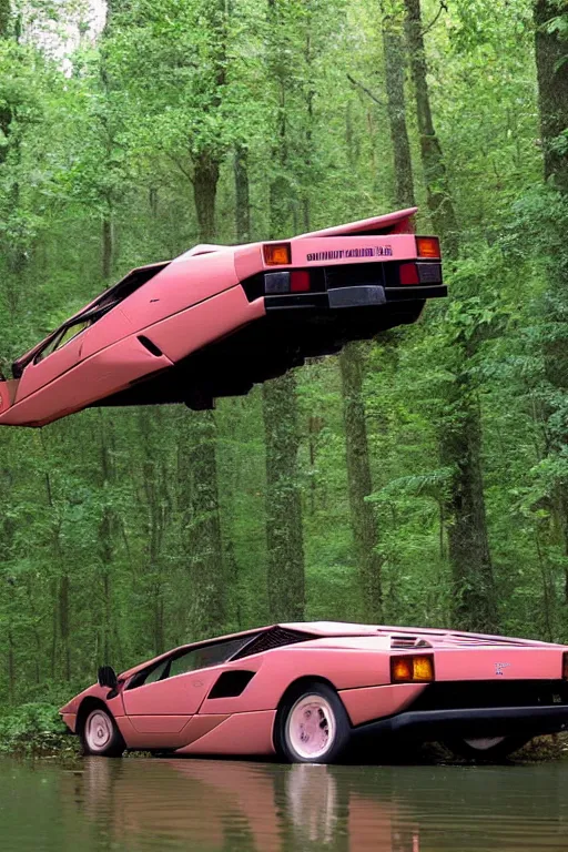 Prompt: 1988 Lamborghini Countach floating in mid-air Abandoned in the Woods