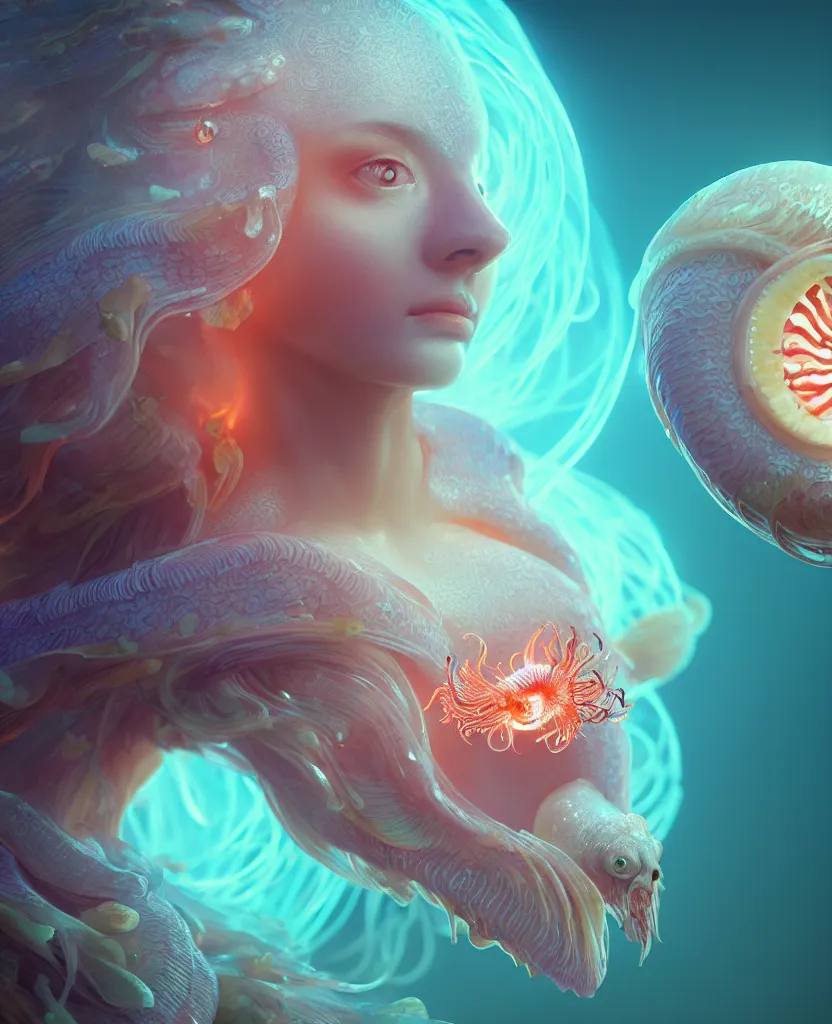 Image similar to goddess close-up portrait. chimera orchid jellyfish phoenix head, nautilus, skull, betta fish, bioluminiscent creatures, intricate artwork by Tooth Wu and wlop and beeple. octane render, trending on artstation, greg rutkowski very coherent symmetrical artwork. cinematic, hyper realism, high detail, octane render, 8k