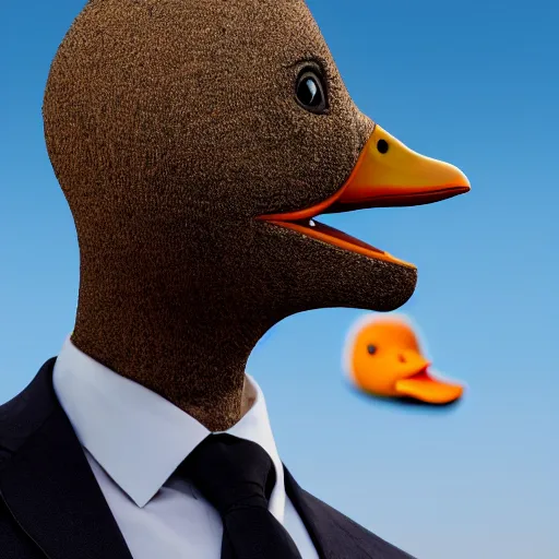 Image similar to a high detail photo of a man with a duck's head wearing a suit, photorealism