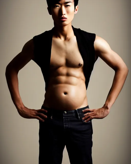 Prompt: Handsome!! young Asian male model showing off his large!!!! pregnant!!!! belly, belly exposed, highly detailed, chiseled jaw, clean shaven, medium length black hair, highly detailed, wearing glasses, studio photography