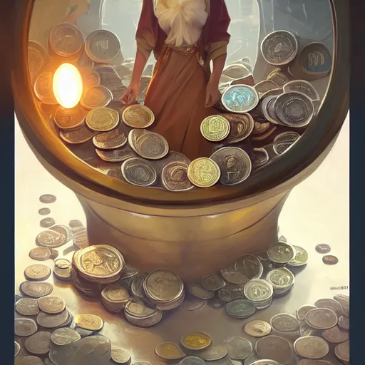 Image similar to modern coin shop with a lot of coins, 4 k, octane, digital painting, artstation, concept art, sharp focus, illustration, art by artgerm and greg rutkowski and alphonse mucha