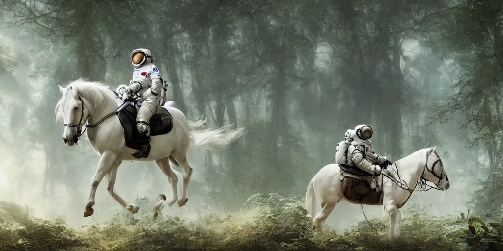 Image similar to an astronaut riding on the back of a white horse through a forest, a detailed matte painting by frieke janssens, featured on cgsociety, fantasy art, matte painting, reimagined by industrial light and magic, matte drawing