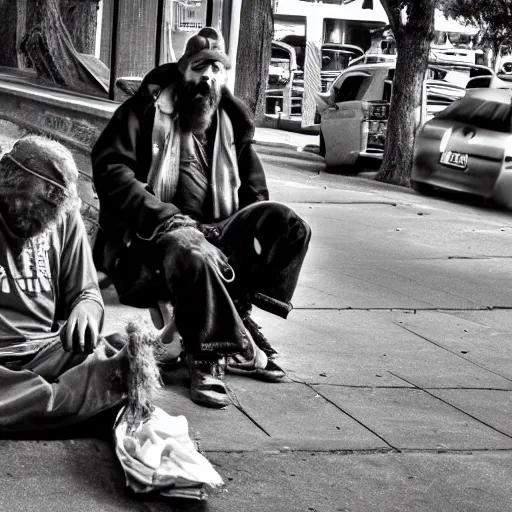 Image similar to A homeless man singing a metal song, black and white.