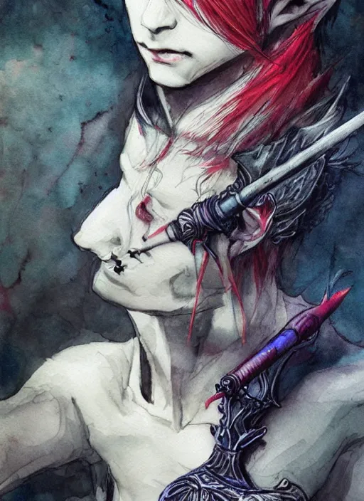 Image similar to portrait, male elf vampire rouge, smoking a magical bong, watercolor, dramatic lighting, cinematic, establishing shot, extremely high detail, foto realistic, cinematic lighting, pen and ink, intricate line drawings, by Yoshitaka Amano, Ruan Jia, Kentaro Miura, Artgerm, post processed, concept art, artstation, matte painting, style by eddie mendoza, raphael lacoste, alex ross