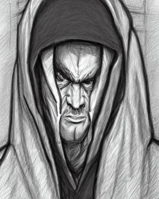 Image similar to character concept portrait of a man in dark robes, hooded, drawn by greg rukowtski