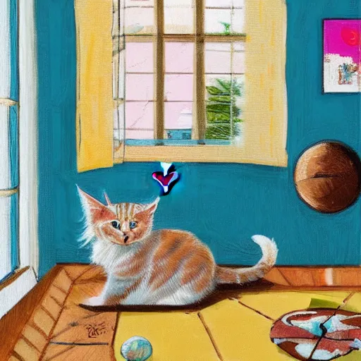 Image similar to cream color maine coon cat chasing a cat-toy-ball in a sunlit bedroom, hardwood floors with a colorful tattered old throw rug, bay window sofa in the background, fun, energetic, amusing, cute, funny, in style of Steve Henderson, trending on art station