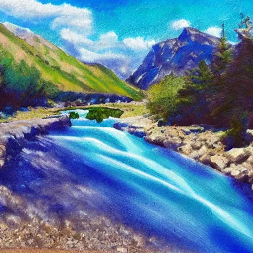 Prompt: a sketch of a crystal clear mountain river,