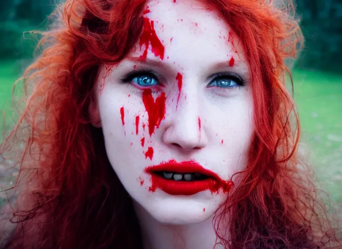 Prompt: award winning 5 5 mm close up face portrait photo of an anesthetic redhead woman with blood - red wavy hair, intricate eyes that look like stars, and fangs, in a park by luis royo