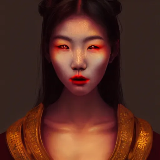 Prompt: portrait beautiful korean female, porcelain face portrait, glowing amber golden eyes, red teeth, raphael lacoste, eddie mendoza, alex ross, concept art, matte painting, highly detailed, rule of thirds, dynamic lighting, cinematic, detailed, denoised, centered