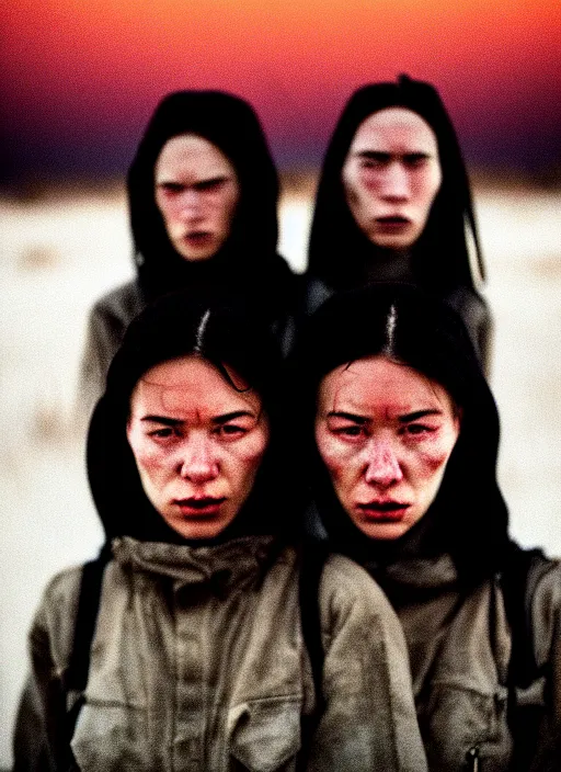 Image similar to cinestill 5 0 d photographic portrait of two loving clones, women wearing rugged black techwear on a desolate plain with a red sky, extreme closeup, diverse species, cyberpunk, in front of a brutalist dark metal facility, dust storm, 3 5 mm, 8 k, f / 3 2, high resolution, ultra realistic faces, beautiful faces