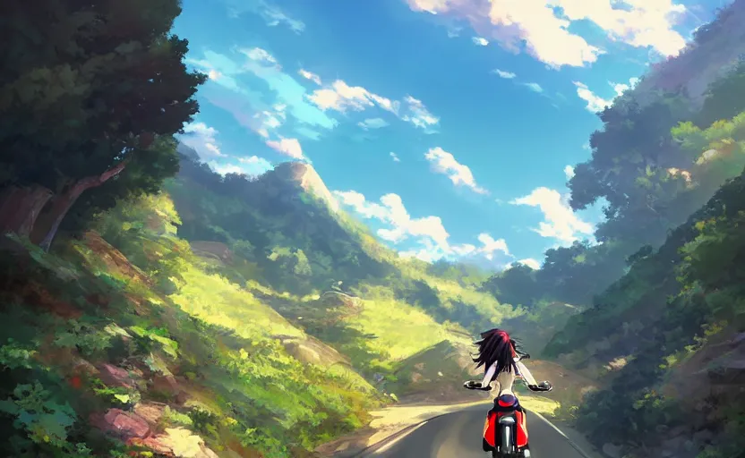 Image similar to An anime girl riding a motorcycle down a winding mountain road, anime scenery by Makoto Shinkai, digital art