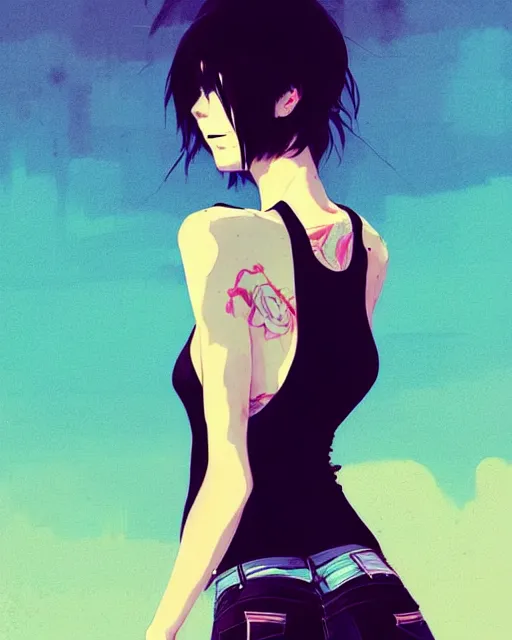 Image similar to a ultradetailed beautiful back painting of a stylish woman, she is wearing a black tank top and jeans, by conrad roset, greg rutkowski and makoto shinkai trending on artstation