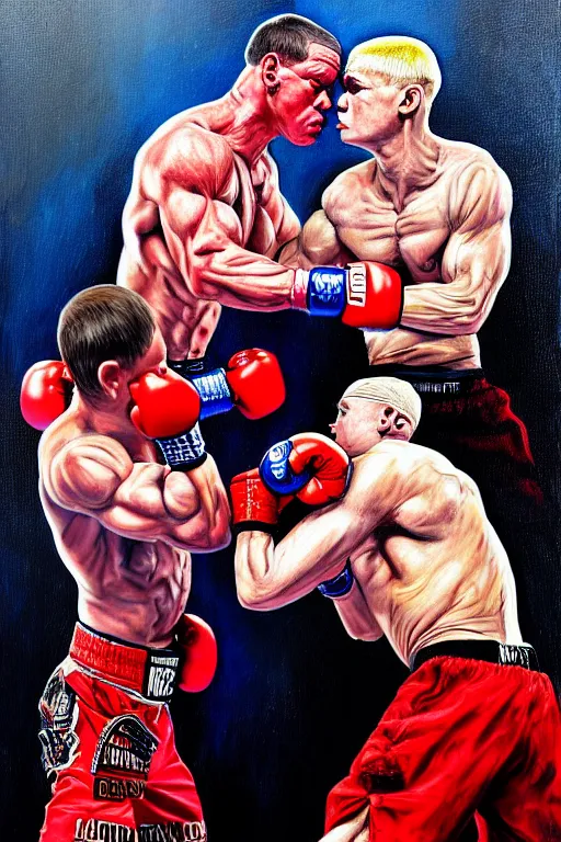 Prompt: john cena fight with eminem, battle rap, california, this painting contains only two people, so no need for any other body additions, sweat, cinematic, ultra realistic, photo epic of the year, hyper detail, complicated, baroque, fit proportions,