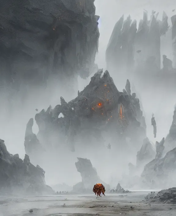 Image similar to surreal epic, masterpiece, romantic prometheus white exploration base, ancient ochre palette, building architecture by ruan jia, mecha floor, futuristic, blame, white architecture in the beach in iceland, foggy, highly detailed, digital painting, arstation, concept art, hyperealistic octane render, unreal engine
