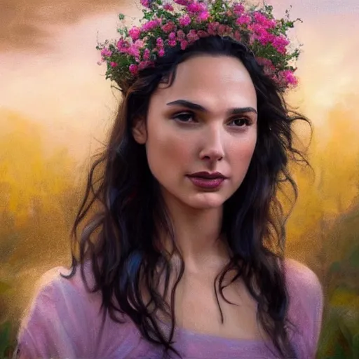 Prompt: fine art oil painting of the beauty gal gadot, she is posing while maintain a sweet eye contact to the camera, she has a crown of flowers, the photo was taken at sunrise with a bokeh effect, by steve mccurry, photorealistic, matte painting, hyper realistic, 4 k, 8 k, cinematic composition, hd, highly detailed, trending on artstation