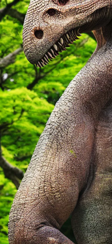 Image similar to “ a portrait photo of tyrannosaurus at a sakura tree, side shot, by shunji dodo, 8 k resolution, high quality ”