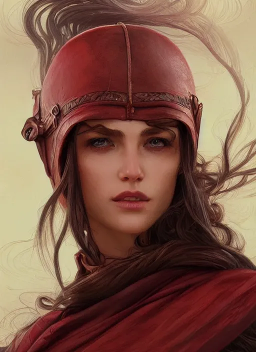 Image similar to vertical portrait of a ruggedly handsome female cleric, soft hair, close - up face, leather, witchy, d & d, fantasy, intricate, elegant, highly detailed, digital painting, artstation, concept art, smooth, sharp focus, illustration, art by artgerm and greg rutkowski and alphonse mucha, plain red background